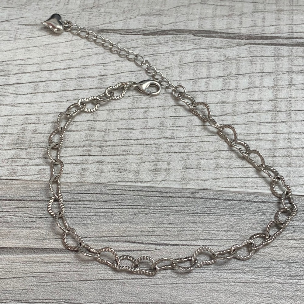 Silver Tone Textured Heart Link Anklet Adjustable Extender Heart Charm 9-11 In